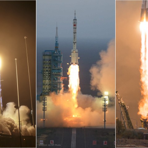 A composite image of three launches: Antares (Oct. 17, 2016), Shenzhou 11 (Oct. 17, 2016), Soyuz (Oct. 19, 2016)