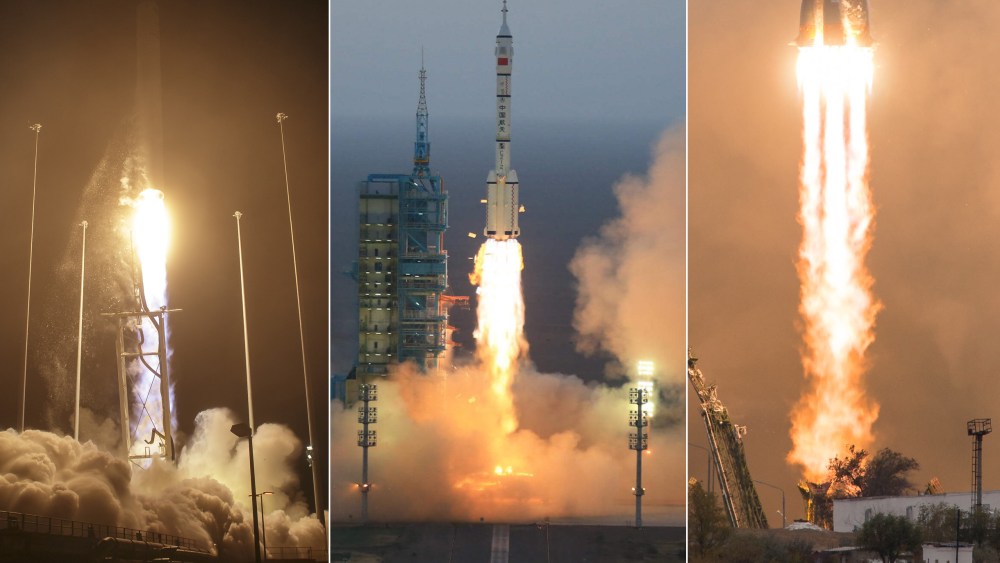 A composite image of three launches: Antares (Oct. 17, 2016), Shenzhou 11 (Oct. 17, 2016), Soyuz (Oct. 19, 2016)