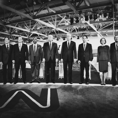 Republican presidential candidates pose for a photo op before the CNN Republican Debate begins at the Ronald Reagan Presidential Library and Museum, Sept. 16, 2015, in Simi Valley, Calif. (Photo by Mark Peterson/Redux for MSNBC)