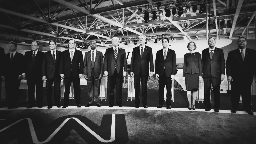 Republican presidential candidates pose for a photo op before the CNN Republican Debate begins at the Ronald Reagan Presidential Library and Museum, Sept. 16, 2015, in Simi Valley, Calif. (Photo by Mark Peterson/Redux for MSNBC)