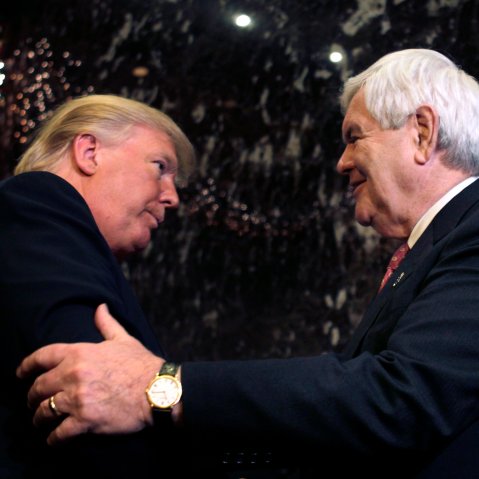 Republican presidential candidate, former House Speaker Newt Gingrich and Donald Trump shake hands after they met and spoke to the media in New York, Monday, Dec. 5, 2011.