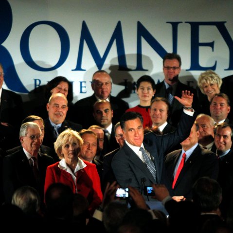 Republican presidential candidate former Massachusetts Gov. Mitt Romney, gestures during a speech at a fundraising event in Parsippany, N.J., Monday, Dec. 12, 2011.
