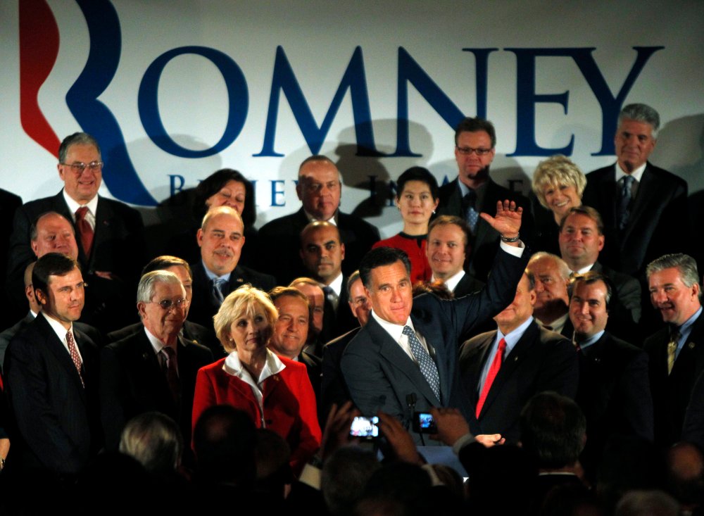 Republican presidential candidate former Massachusetts Gov. Mitt Romney, gestures during a speech at a fundraising event in Parsippany, N.J., Monday, Dec. 12, 2011.