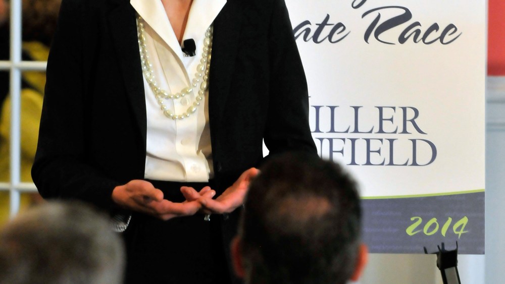 Former Michigan Secretary of State Terri Lynn Land talks during a Political Action Committee reception Wednesday, May 28, 2014, at the 2014 Mackinac Policy Conference at the Grand Hotel on Mackinac Island, Mich.