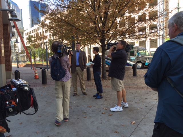 Rachel Maddow conducts an interview in Charlotte, North Carolina ahead of a live show in Rock Hill, South Carolina, November 5, 2015.