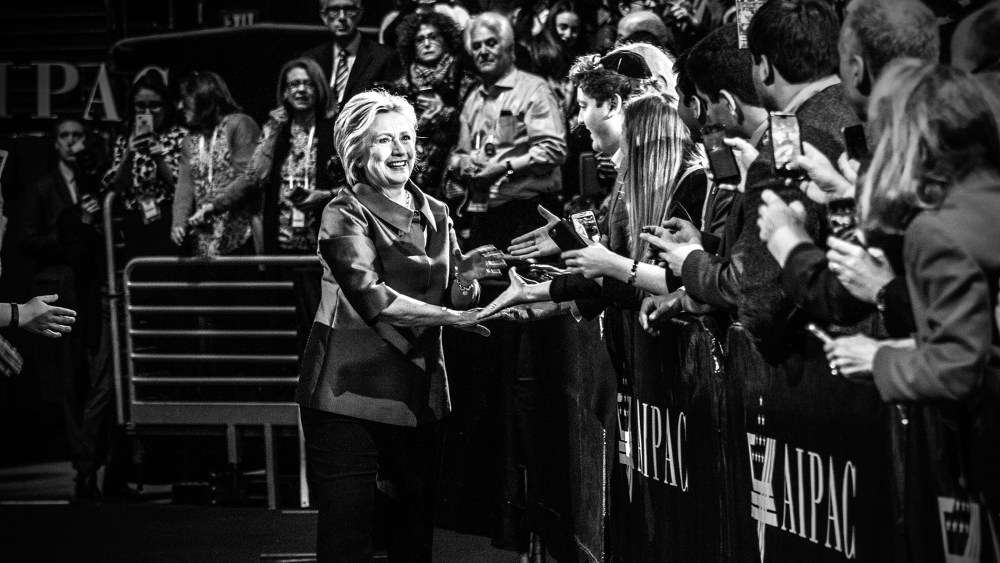 Democratic presidential candidate Hillary Clinton greets the crowd before delivering remarks at the American Israel Political Action Committee Policy Conference in Washington, D.C., on March 21, 2016. (Photo by Mark Peterson/Redux for MSNBC)