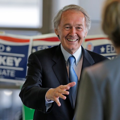 Democratic U.S. Senate hopeful, Mass. Rep. Edward Markey, D-Malden, smiles as he asks commuters for their vote while campaigning at North Station in Boston, Monday, April 29, 2013. Markey and U.S. Rep. Stephen Lynch, D-Boston, vying for their party's...