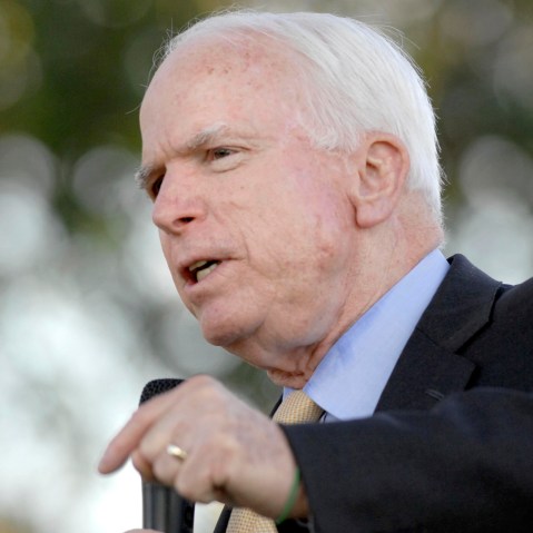 Sen. John McCain speaks to a crowd of Republican presidential candidate Mitt Romney supporters in front of the Niceville City Hall complex in Niceville, Fla. Tuesday, Oct. 2, 2012. McCain was in the Panahandle Tuesday campaigning for Romney. (AP Photo...