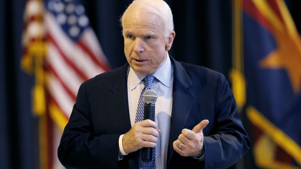 Sen. John McCain, R-Ariz., speaks to workers at MD Helicopters, Friday, May 30, 2014, in Mesa, Ariz.