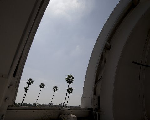 Palm trees are seen through an observatory door at Caltech's Linde + Robinson Laboratory in Pasadena, Calif., Friday, April 12, 2013. A mile above this city, sensors gaze down on the basin from atop Mount Wilson the way a satellite fixates on Earth,...