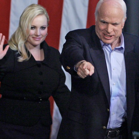 Sen. John McCain and his daughter Meghan McCain react to the crowd as they arrive at a rally in Henderson Nev.,  Monday, Nov. 3, 2008, during his presidential campaign. (AP Photo/Carolyn Kaster)