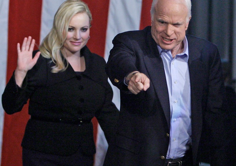 Sen. John McCain and his daughter Meghan McCain react to the crowd as they arrive at a rally in Henderson Nev.,  Monday, Nov. 3, 2008, during his presidential campaign. (AP Photo/Carolyn Kaster)