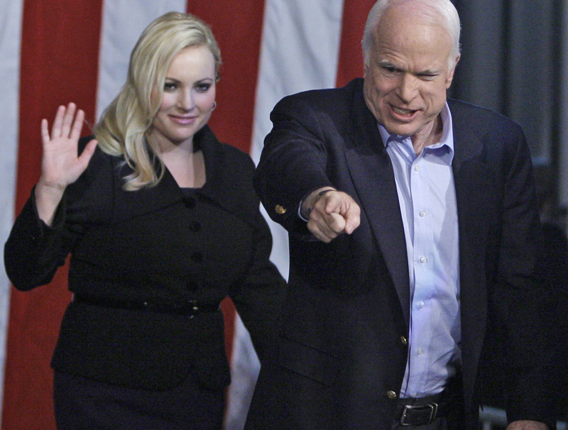Sen. John McCain and his daughter Meghan McCain react to the crowd as they arrive at a rally in Henderson Nev.,  Monday, Nov. 3, 2008, during his presidential campaign. (AP Photo/Carolyn Kaster)