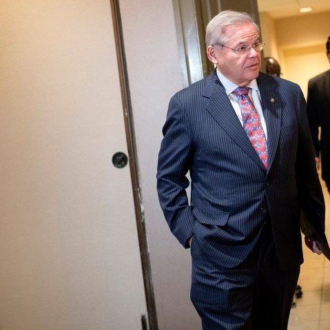 Sen. Bob Menendez, D-N.J., arrives for a news conference in Newark, N.J. on March 6, 2015. (Photo by John Minchillo/AP)