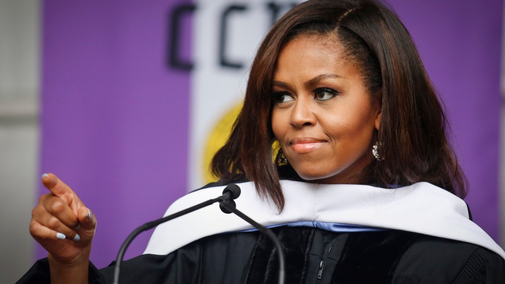 First Lady Michelle Obama speaks to members of the class of 2016 in her final commencement speech as first lady, June 3, 2016, during commencement at CCNY in New York. (Photo by Bebeto Matthews/AP)