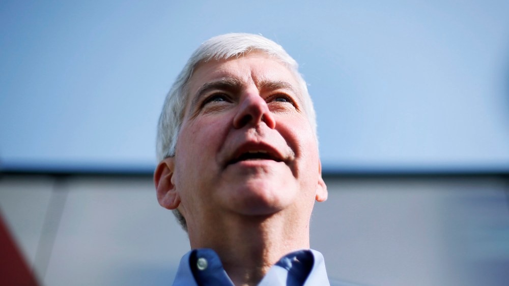 Michigan Gov. Rick Snyder speaks while campaigning in Oakland Township, Mich. on Nov. 3, 2014.
