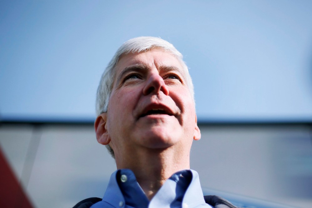 Michigan Gov. Rick Snyder speaks while campaigning in Oakland Township, Mich. on Nov. 3, 2014.