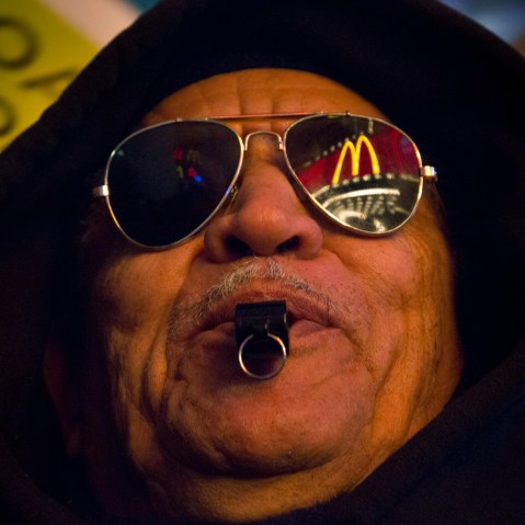 Building momentum:  Leonardo Vargas of Brooklyn protested for higher wages outside McDonald's in Times Square in 2012.