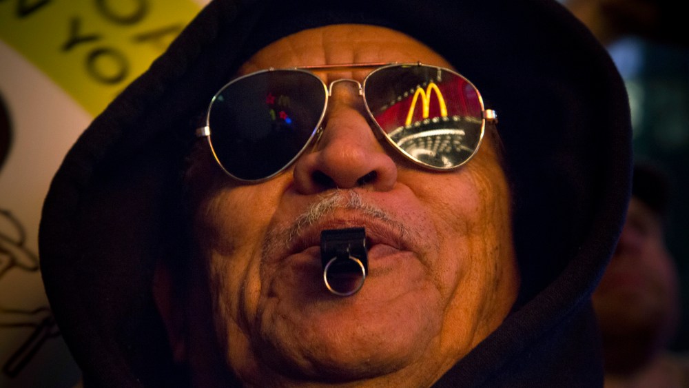 Building momentum:  Leonardo Vargas of Brooklyn protested for higher wages outside McDonald's in Times Square in 2012.