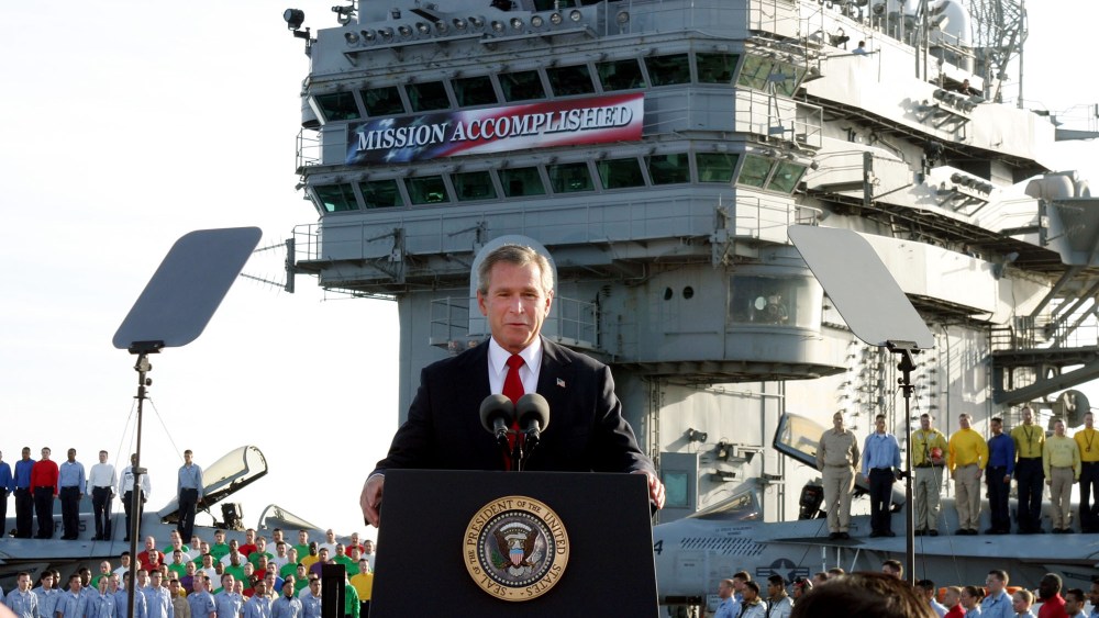 President Bush declares the end of major combat in Iraq as he speaks aboard the aircraft carrier USS Abraham Lincoln off the California coast, in this May 1,this May 1, 2003 file photo. Democratic congressional leaders on Tuesday, May 1, 2007 sent Iraq...