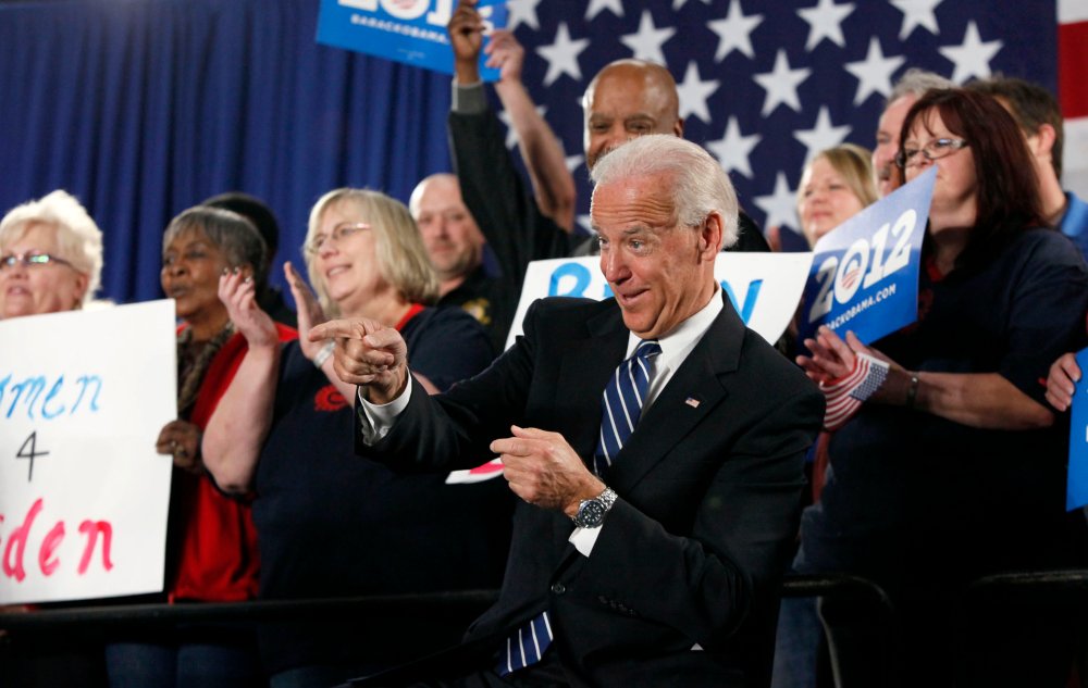 Vice President Joe Biden reacts to a fans prior to speaking at a union hall in Toledo, Ohio, Thursday March 15, 2012.