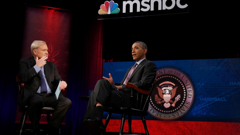 President Obama is interviewed by Chris Matthews at American University in Washington DC., Dec. 5, 2013.