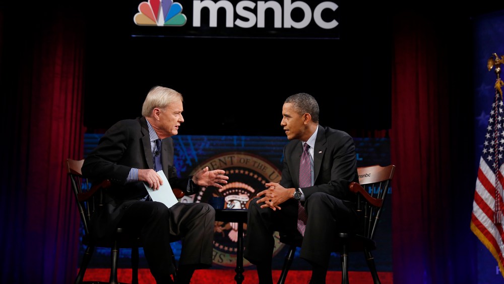 President Obama is interviewed by Chris Matthews for his show 'Hardball' on MSNBC at American University in Washington DC.