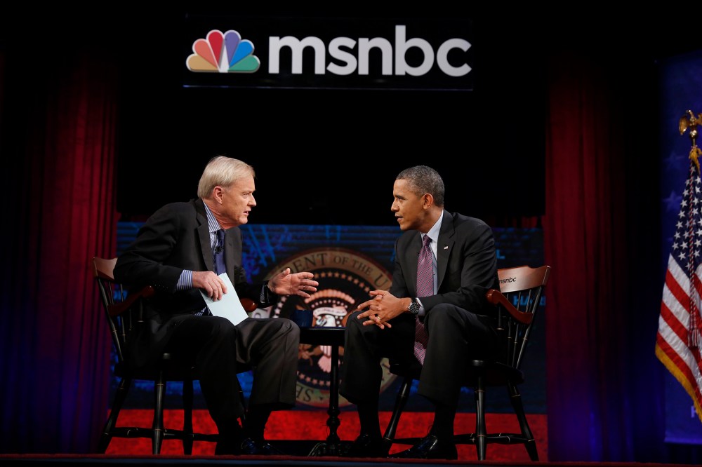 President Obama is interviewed by Chris Matthews for his show 'Hardball' on MSNBC at American University in Washington DC.