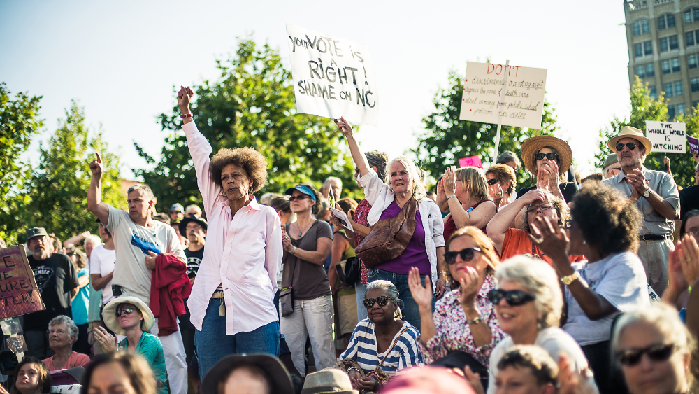 Asheville, North Carolina's Pack Square Park during Mountain Moral Monday protest on August 5.