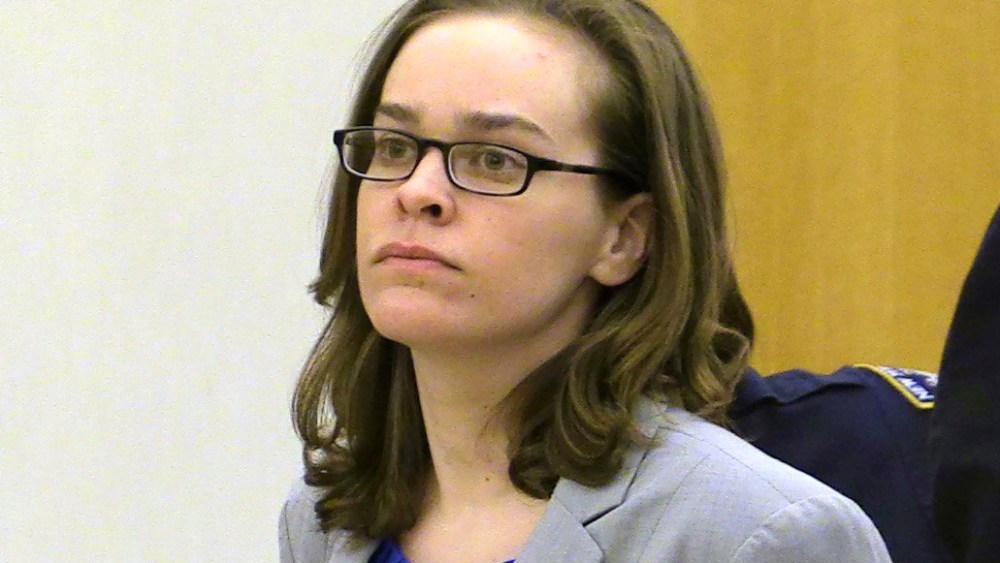 Defendant Lacey Spears, left, stands next to her attorney David R. Sachs during opening statements in her murder trial, Feb. 3, 2015, in White Plains, N.Y. (Photo by Joe Larese/The Journal News/Pool/AP)