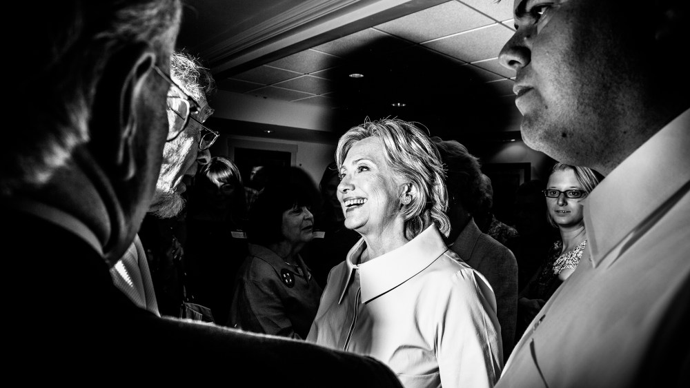 Presidential candidate Hillary Clinton greets fellow Democrats at a fund-raising dinner in New Hampshire, Sept. 18, 2015. (Photo by Mark Peterson/Redux for MSNBC)