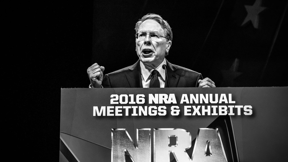 NRA CEO Wayne LaPierre speaks to members at the annual convention, Louisville, Ky., May 21, 2016.