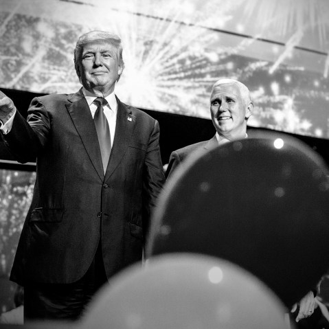 Republican Presidential candidate Donald Trump and Republican Vice Presidential candidate Mike Pence celebrate on the last night of the Republican National Convention, July 21, 2016, in Cleveland, Ohio. (Photo by Mark Peterson/Redux for MSNBC)