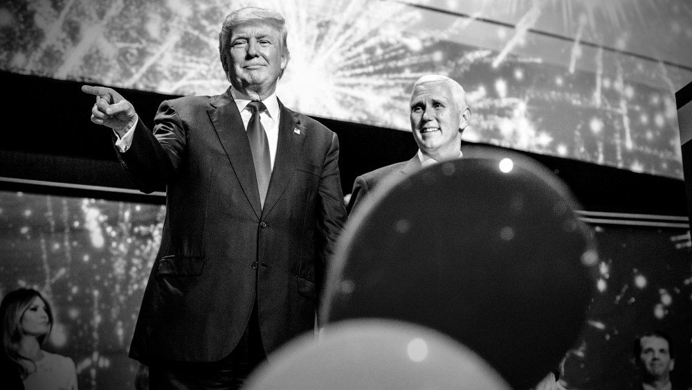 Republican Presidential candidate Donald Trump and Republican Vice Presidential candidate Mike Pence celebrate on the last night of the Republican National Convention, July 21, 2016, in Cleveland, Ohio. (Photo by Mark Peterson/Redux for MSNBC)