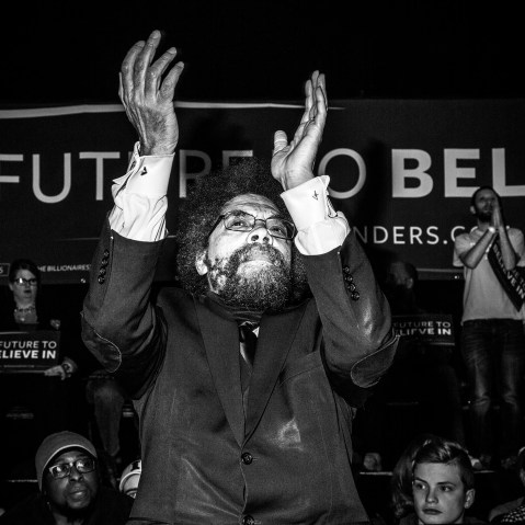 Professor Cornel West applauds Senator Bernie Sanders at a rally in Davenport Ia., Jan. 29, 2016. (Photo by Mark Peterson/Redux for MSNBC)