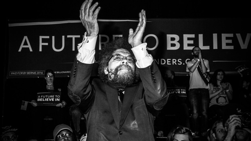 Professor Cornel West applauds Senator Bernie Sanders at a rally in Davenport Ia., Jan. 29, 2016. (Photo by Mark Peterson/Redux for MSNBC)