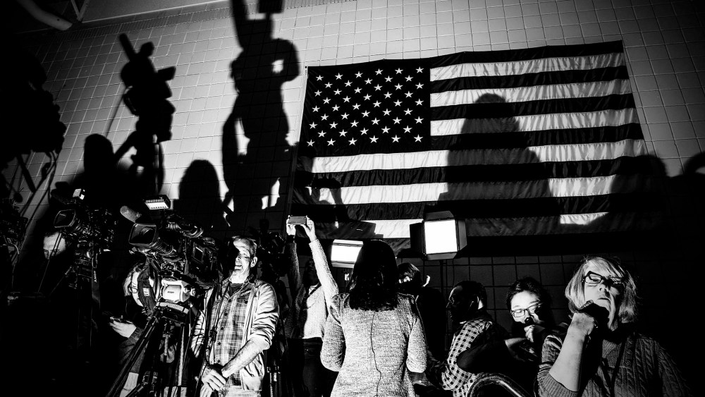 Reporters set up at a Donald Trump town hall event in Council Bluffs, Ia., Jan. 31, 2016. (Photo by Mark Peterson/Redux for MSNBC)