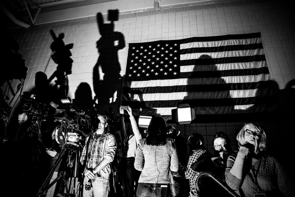 Reporters set up at a Donald Trump town hall event in Council Bluffs, Ia., Jan. 31, 2016. (Photo by Mark Peterson/Redux for MSNBC)