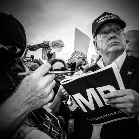 Republican presidential candidate Donald Trump is seen at his "Make America's Military Great Again" rally, which was held aboard the retired USS Iowa battleship, in Los Angeles, Calif., on Sept. 15, 2015. (Photo by Mark Peterson/Redux for MSNBC)