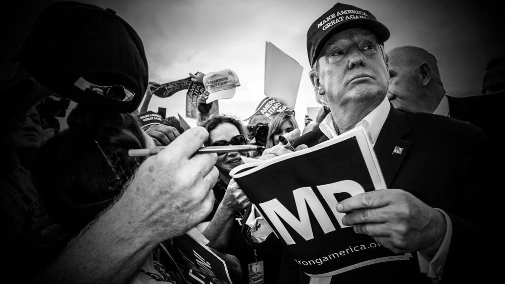 Republican presidential candidate Donald Trump is seen at his "Make America's Military Great Again" rally, which was held aboard the retired USS Iowa battleship, in Los Angeles, Calif., on Sept. 15, 2015. (Photo by Mark Peterson/Redux for MSNBC)
