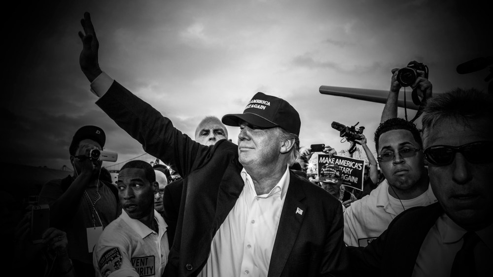 Republican presidential candidate Donald Trump waves to the crowd at his "Make America's Military Great Again" rally, which was held aboard the retired USS Iowa battleship, in Los Angeles, Calif., on Sept. 15, 2015.(Photo by Mark Peterson/Redux for MSNBC)