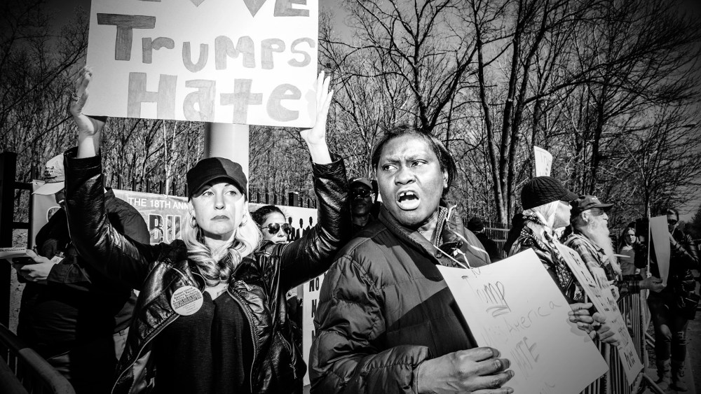 Anti-Trump demonstrators rallied outside the hotel on Staten Island where Donald Trump held a press conference and spoke at a lunch, April 17, 2016. (Photo by Mark Peterson/Redux for MSNBC)