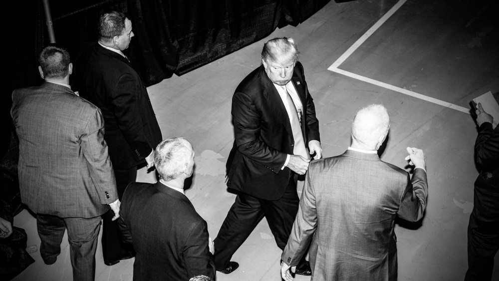 Republican presidential candidate Donald Trump exits a rally in Radford, Va., on Feb. 29, 2016. (Photo by Mark Peterson/Redux for MSNBC)