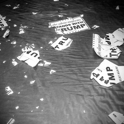Ripped Donald Trump signs lay on the floor at a rally in Radford, Va., Feb. 29, 2016. (Photo by Mark Peterson/Redux for MSNBC)