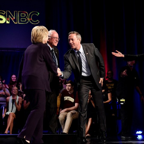 The Democratic presidential candidates of 2016 acknowledge each other and the crowd alongside MSNBC's Rachel Maddow after a democratic presidential candidate forum at Winthrop University in Rock Hill, S.C., Nov. 6, 2015. (Photo by Grant Halverson/MSNBC)