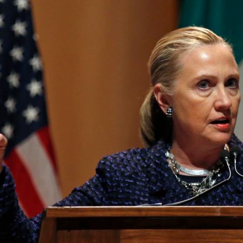 U.S. Secretary of State Hillary Clinton delivers a speech at Dublin City University in Ireland on December 6, 2012. (Photo by Kevin Lamarque/Reuters)