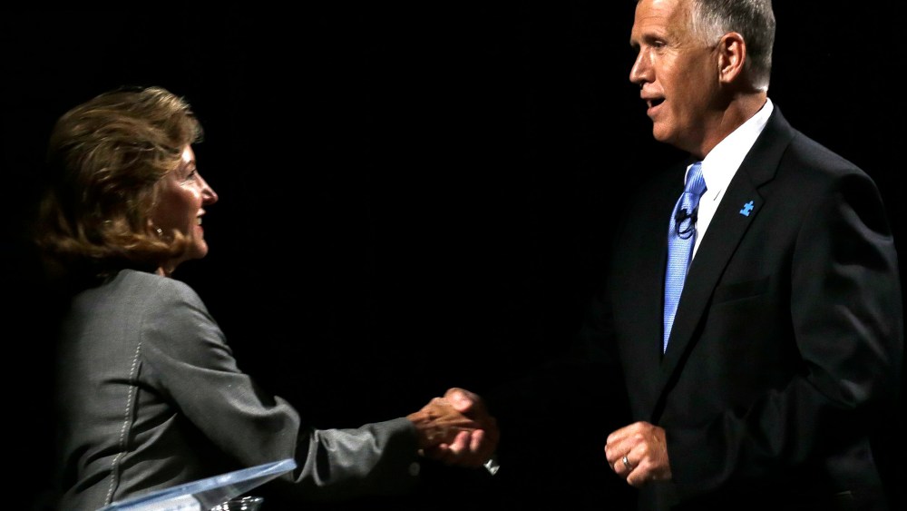 Sen. Kay Hagan, D-N.C., left, and Republican candidate for Senate Thom Tillis shake hands following a televised debate at UNC-TV studios in Research Triangle Park, N.C., on Sept. 3, 2014.