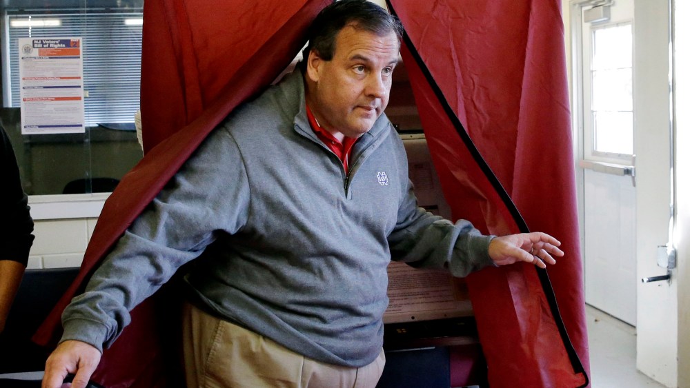 New Jersey Gov. Chris Christie steps from the voting booth after voting on Nov. 4, 2014, in Mendham Township, N.J.