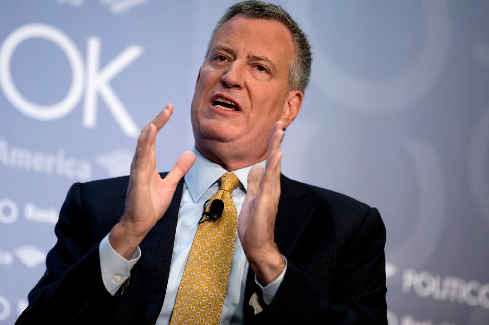 New York Mayor Bill de Blasio gestures during an interview with Politico's Chief White House Correspondent Mike Allen, on Nov. 19, 2014, in Washington.