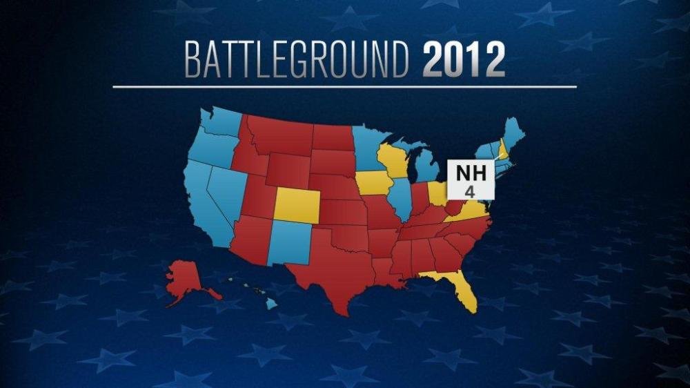The 2012 battleground map outlining the state of New Hampshire and its 4 electoral votes.